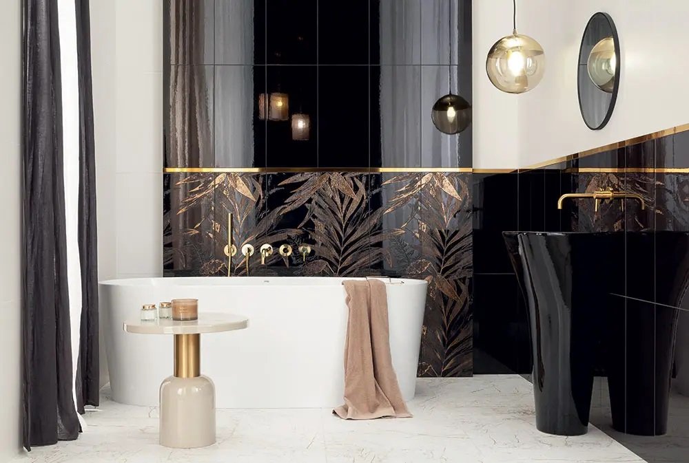 #Koupelna #Moderní styl #bílá #černá #Velký formát #Lesklý obklad #Matný obklad #700 - 1000 Kč/m2 #Tubadzin #Sophi Oro